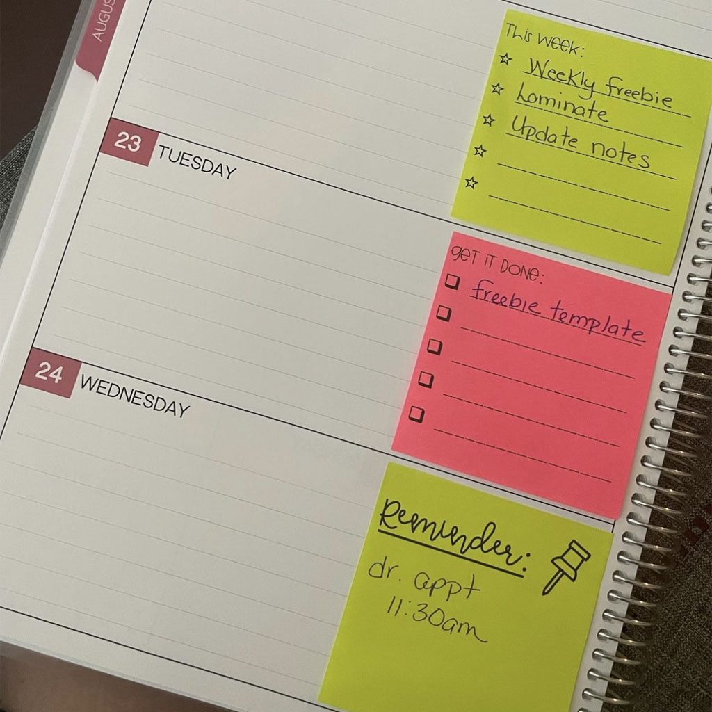 Personalized teacher planner open to weekly layout page